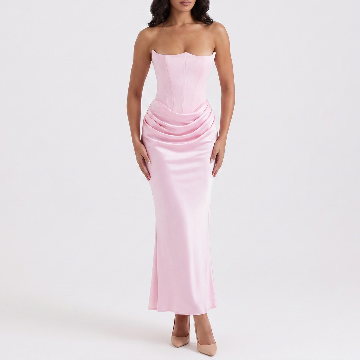 Women's Satin Corset Maxi Dress Strapless Draped Mermaid Formal