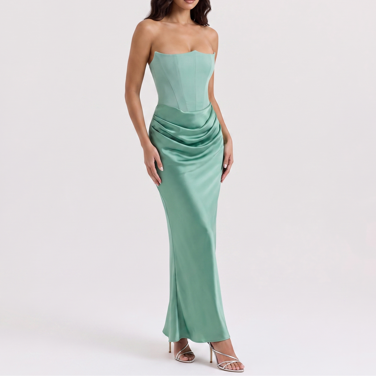 Women's Satin Corset Maxi Dress Strapless Draped Mermaid Formal