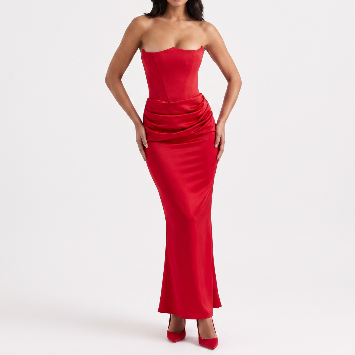 Women's Satin Corset Maxi Dress Strapless Draped Mermaid Formal