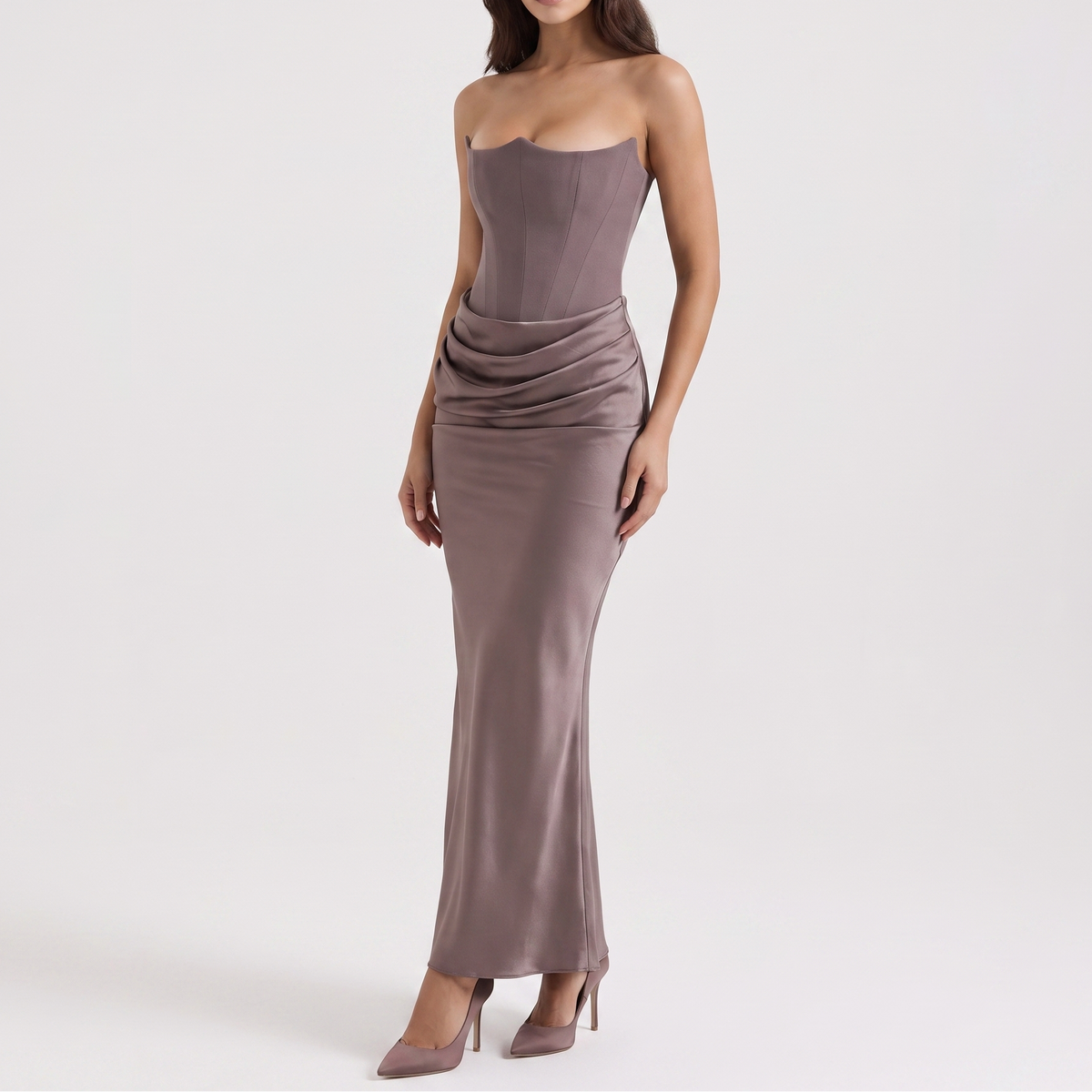 Women's Satin Corset Maxi Dress Strapless Draped Mermaid Formal