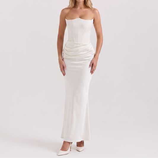 Women's Satin Corset Maxi Dress Strapless Draped Mermaid Formal