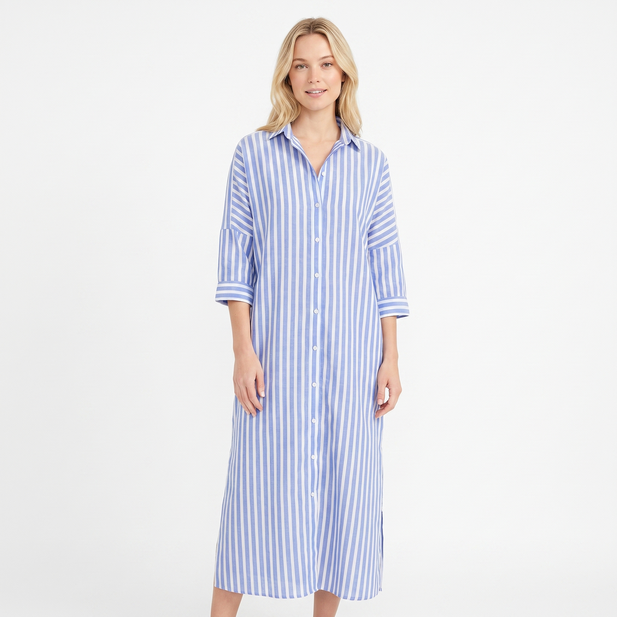 Women's Striped Shirt Dress Long Sleeve Button Down Oversized Midi