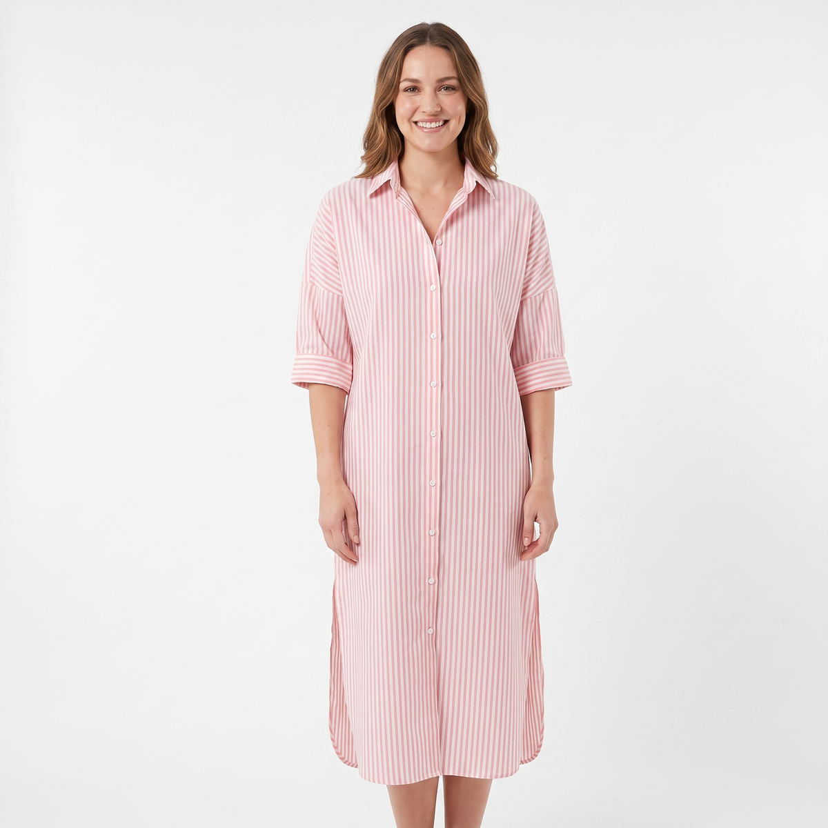 Women's Striped Shirt Dress Long Sleeve Button Down Oversized Midi