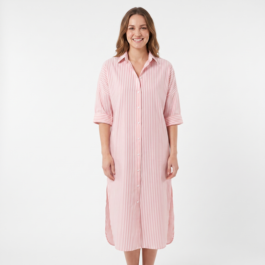 Women's Striped Shirt Dress Long Sleeve Button Down Oversized Midi