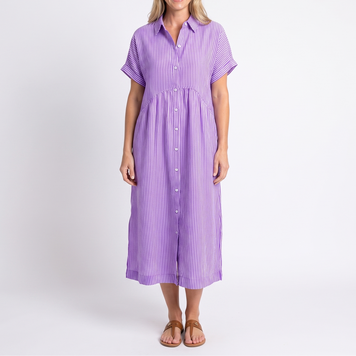 Women's Striped Linen Shirt Dress Short Sleeve Button Down Midi
