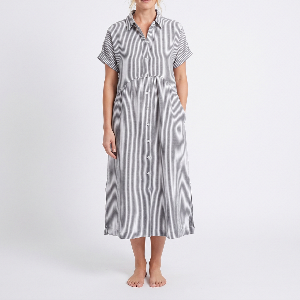 Women's Striped Linen Shirt Dress Short Sleeve Button Down Midi