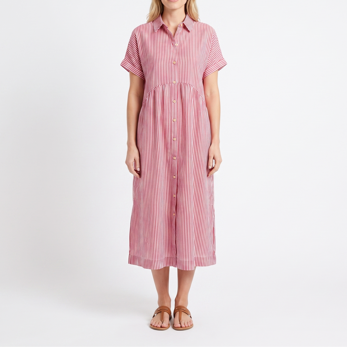 Women's Striped Linen Shirt Dress Short Sleeve Button Down Midi
