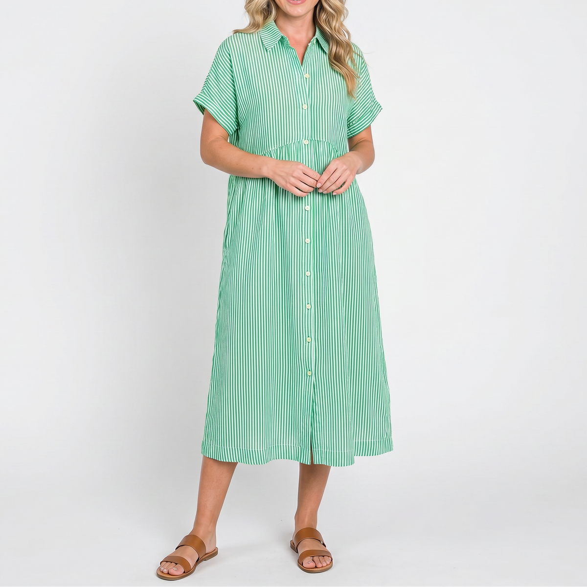 Women's Striped Linen Shirt Dress Short Sleeve Button Down Midi