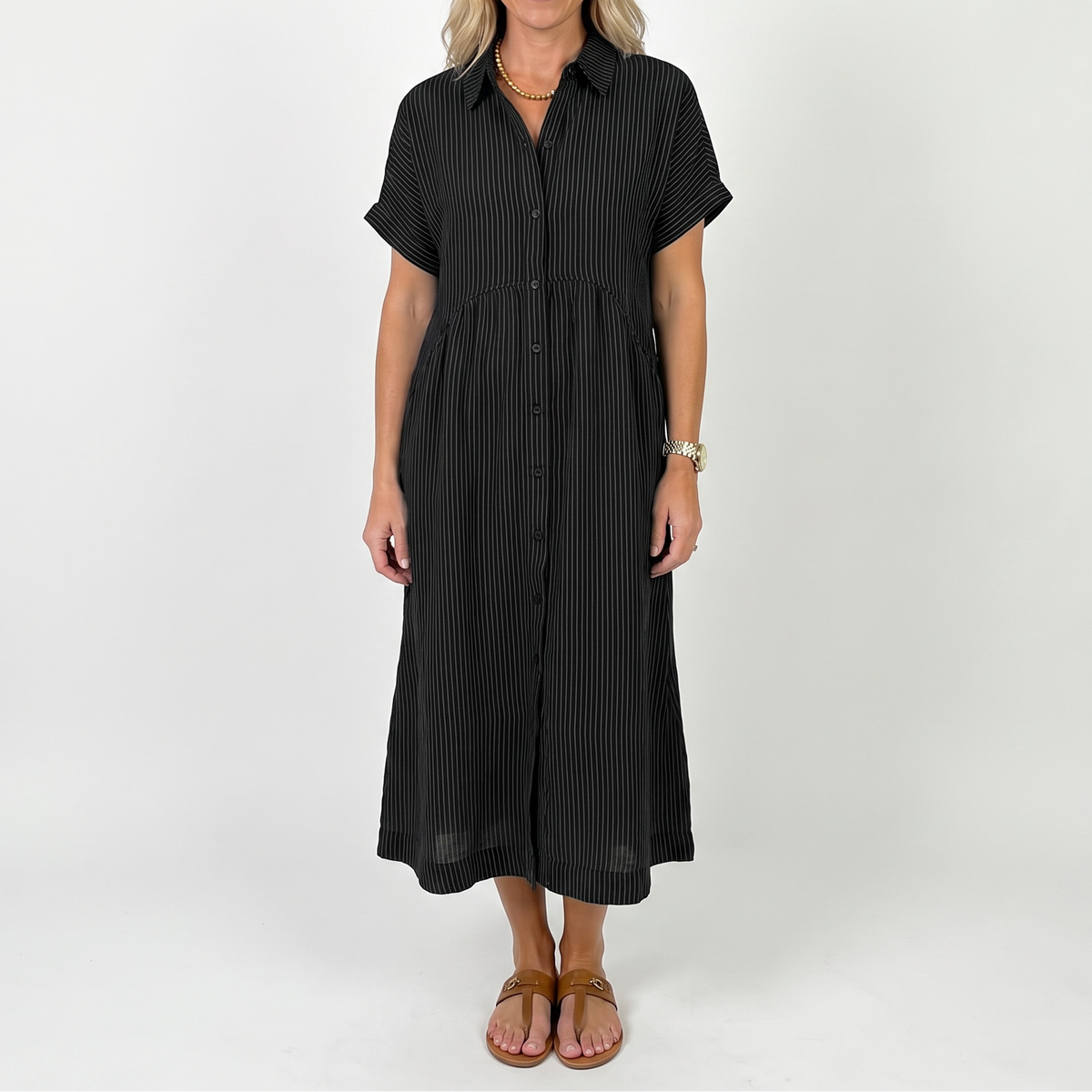 Women's Striped Linen Shirt Dress Short Sleeve Button Down Midi