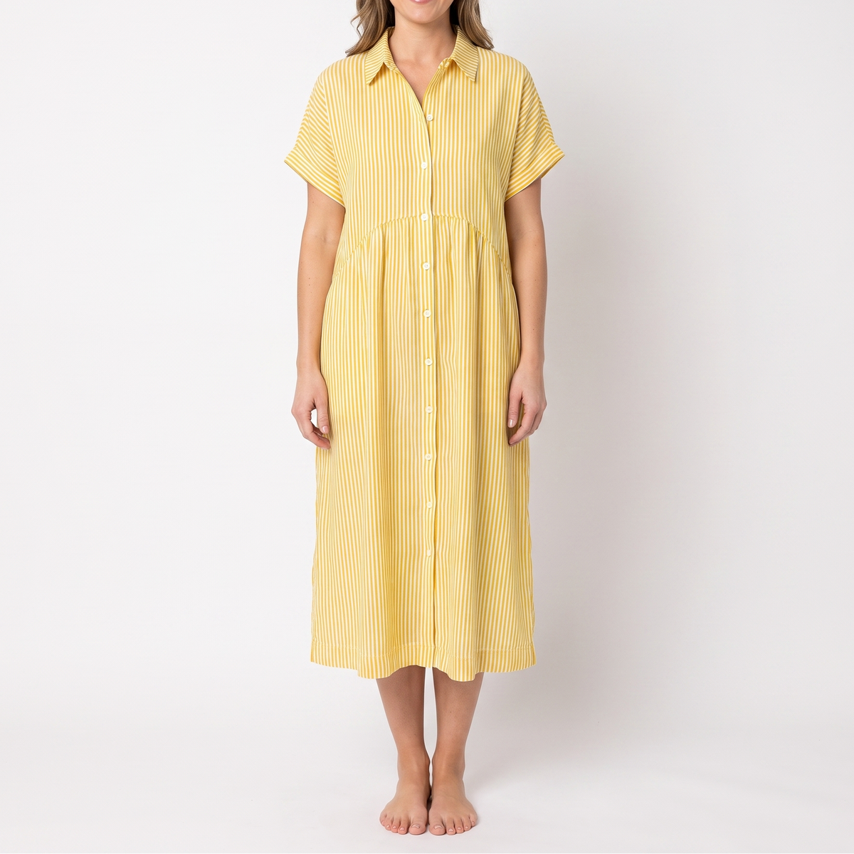 Women's Striped Linen Shirt Dress Short Sleeve Button Down Midi