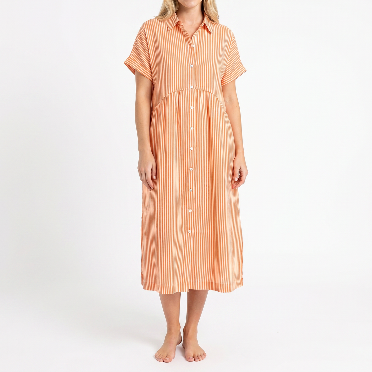 Women's Striped Linen Shirt Dress Short Sleeve Button Down Midi
