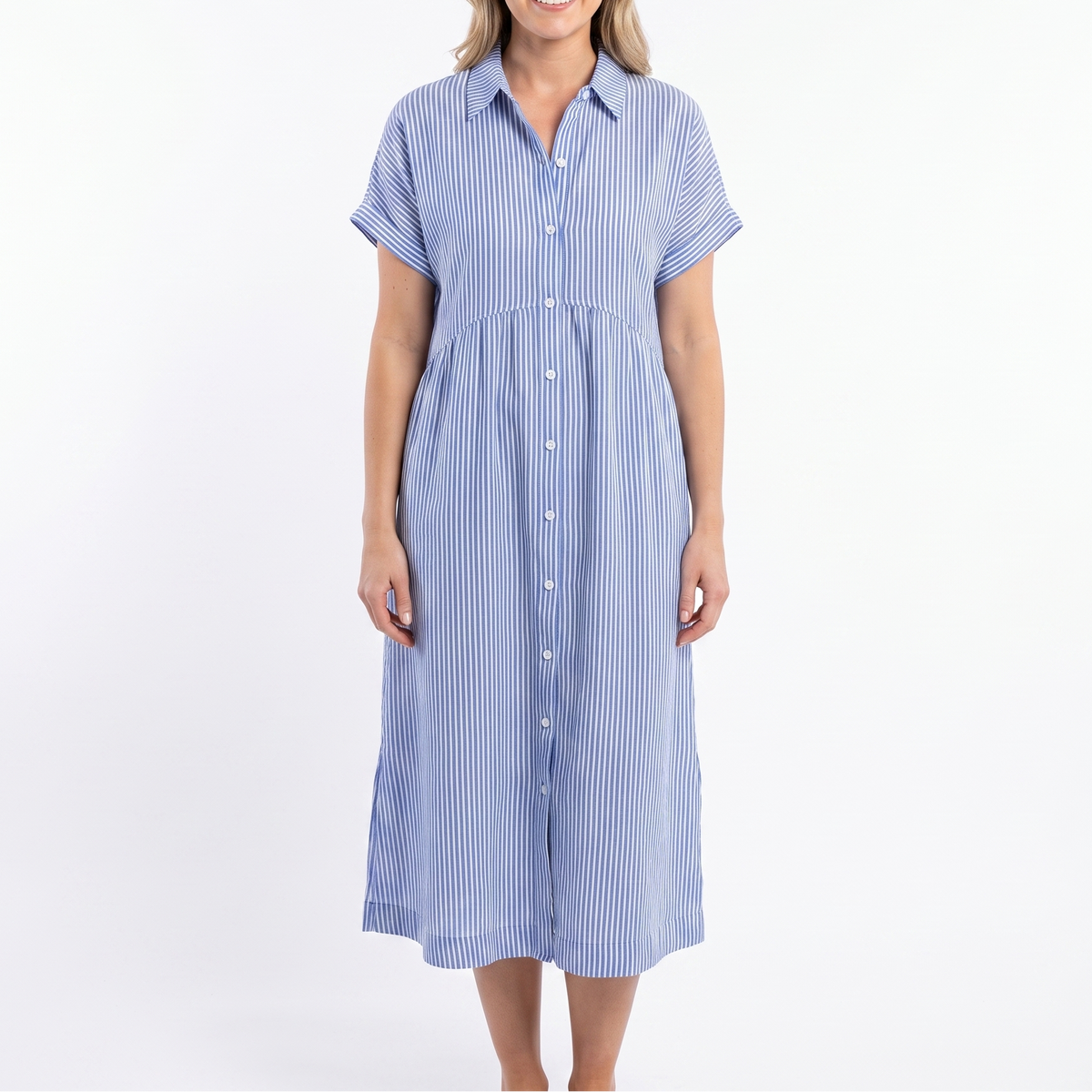 Women's Striped Linen Shirt Dress Short Sleeve Button Down Midi