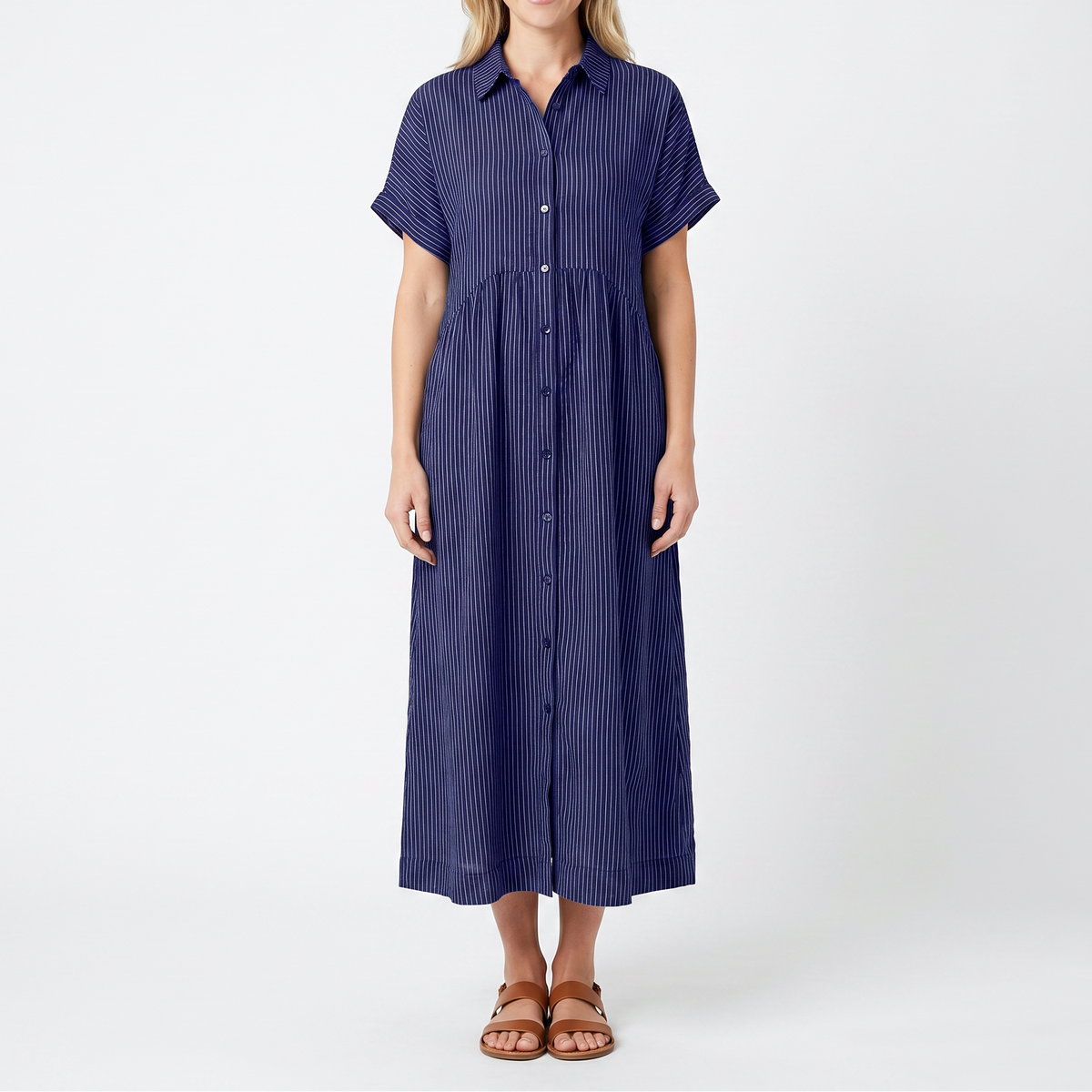Women's Striped Linen Shirt Dress Short Sleeve Button Down Midi