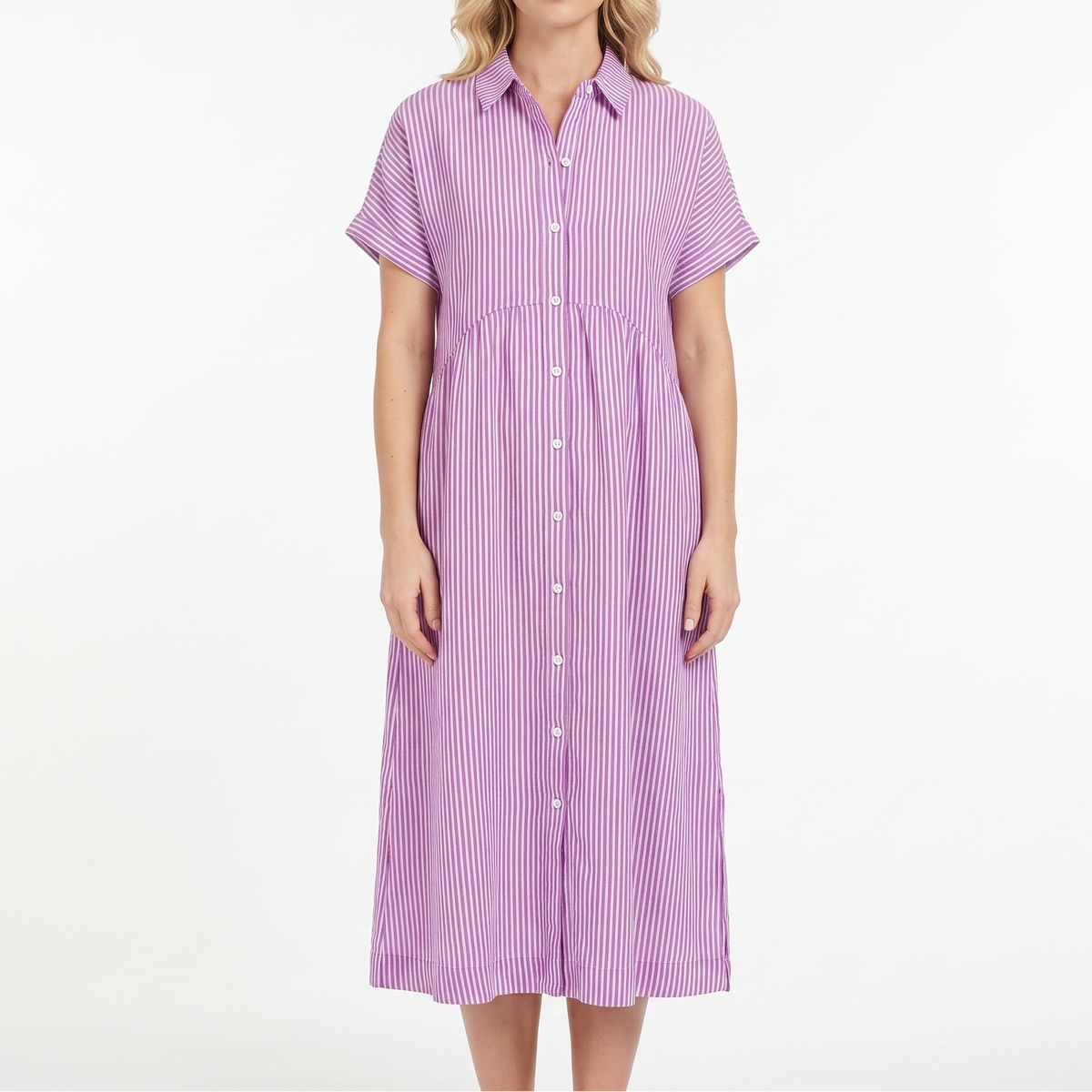 Women's Striped Linen Shirt Dress Short Sleeve Button Down Midi
