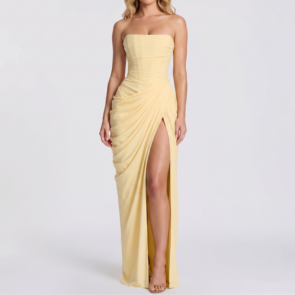 Women's Strapless Maxi Dress Ruched Draped High Split Formal Gown
