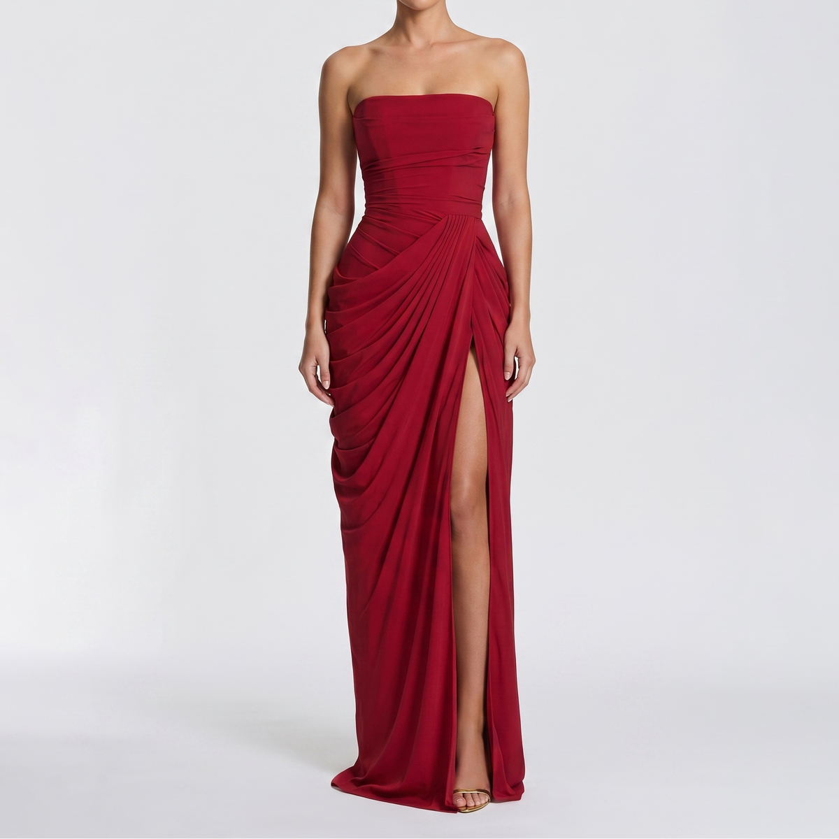 Women's Strapless Maxi Dress Ruched Draped High Split Formal Gown