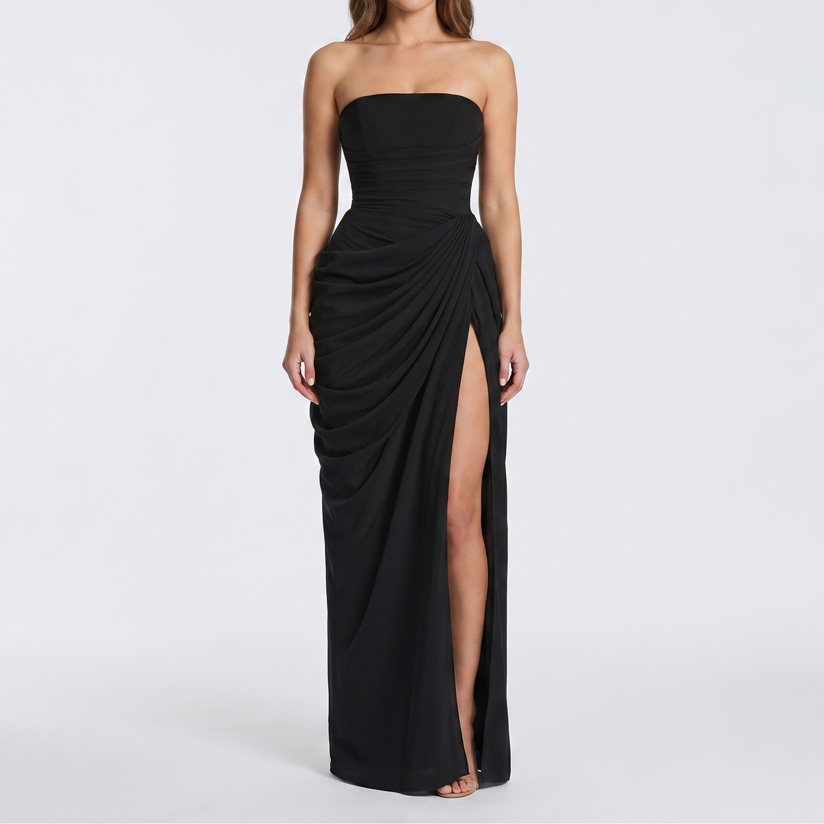 Women's Strapless Maxi Dress Ruched Draped High Split Formal Gown