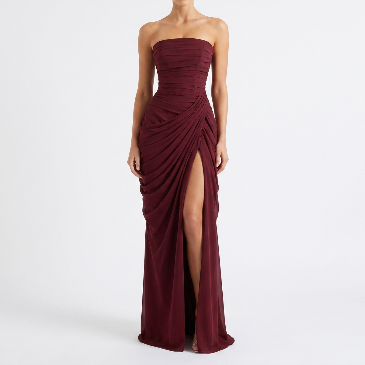 Women's Strapless Maxi Dress Ruched Draped High Split Formal Gown