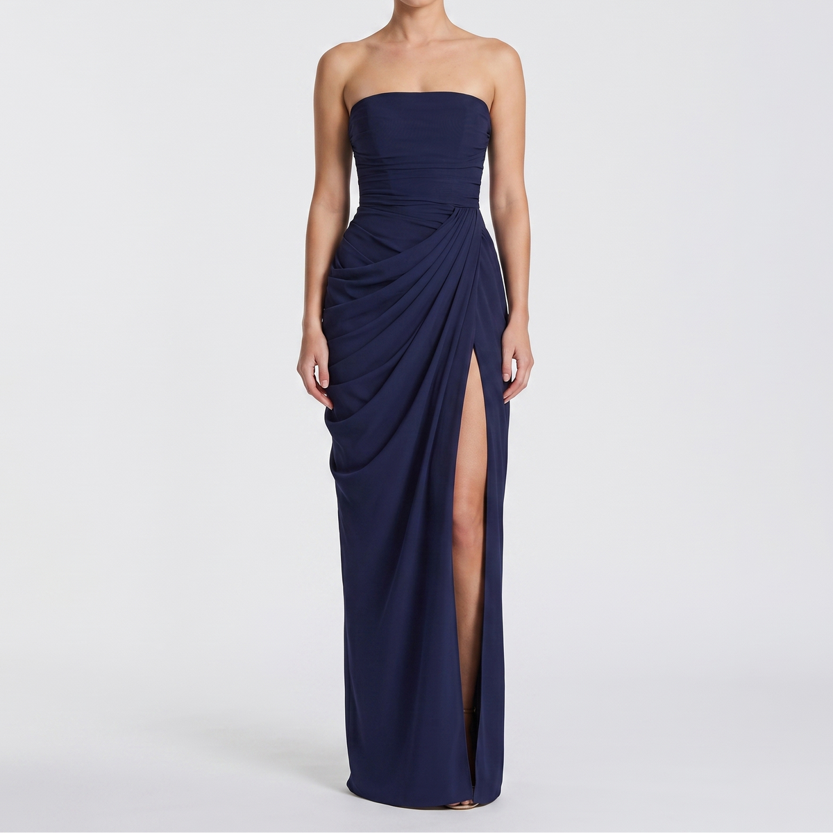 Women's Strapless Maxi Dress Ruched Draped High Split Formal Gown