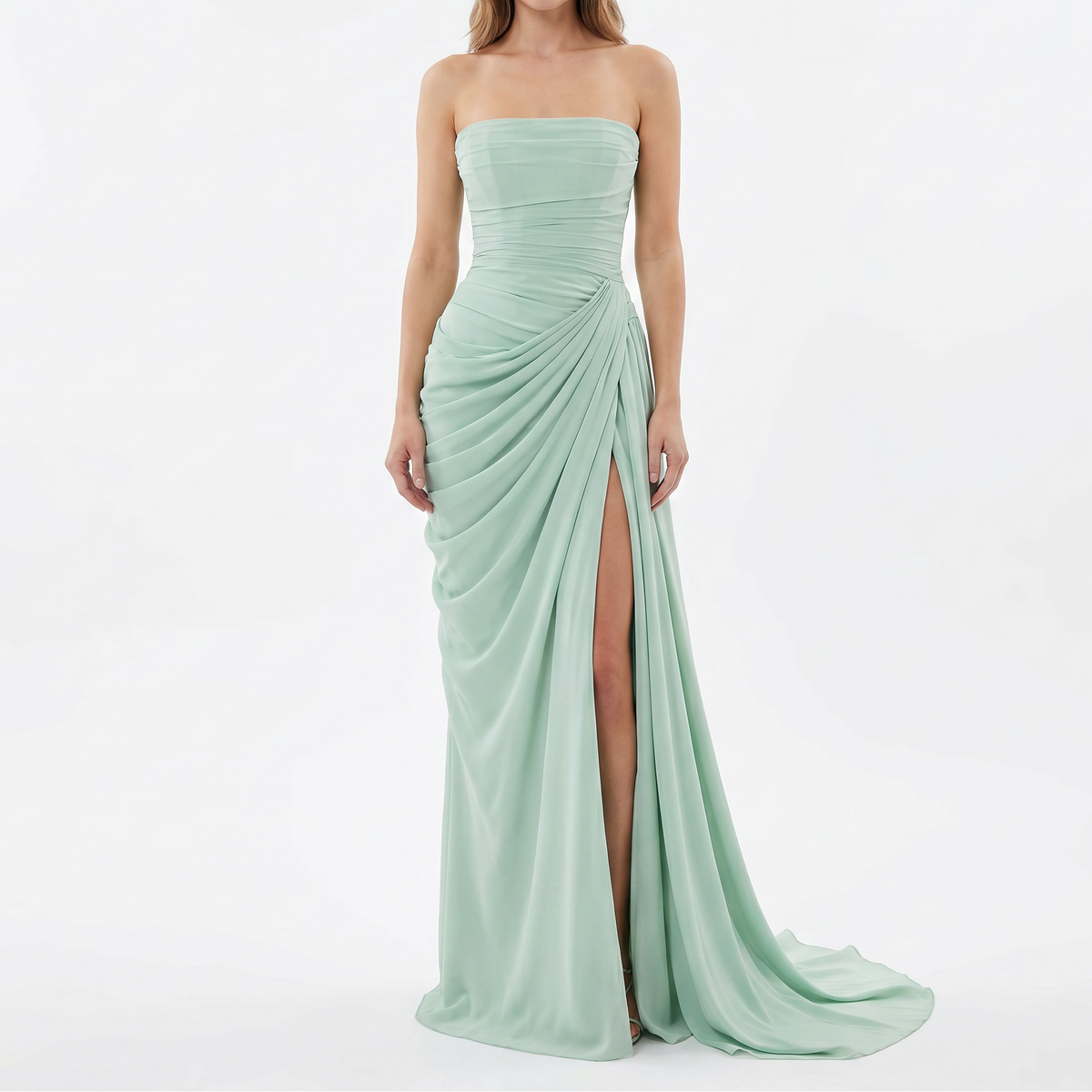 Women's Strapless Maxi Dress Ruched Draped High Split Formal Gown