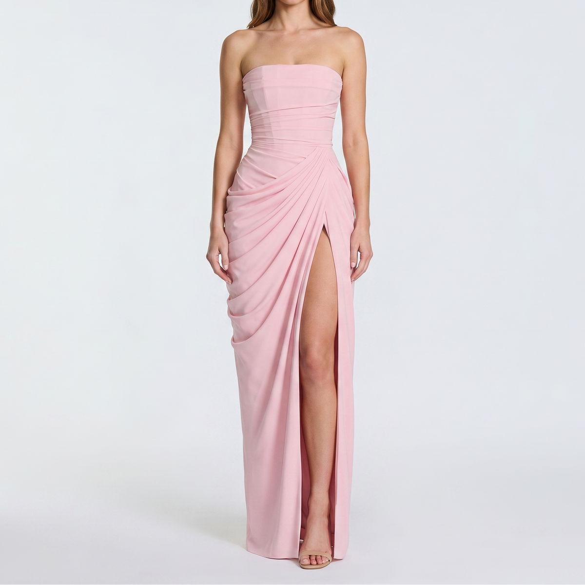 Women's Strapless Maxi Dress Ruched Draped High Split Formal Gown