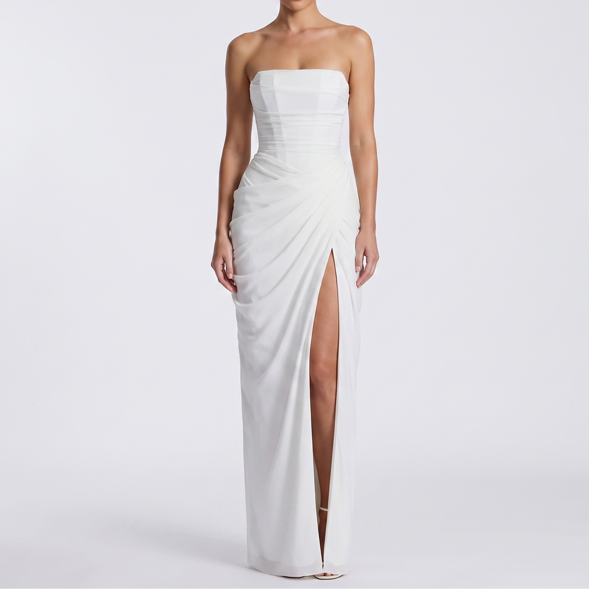 Women's Strapless Maxi Dress Ruched Draped High Split Formal Gown
