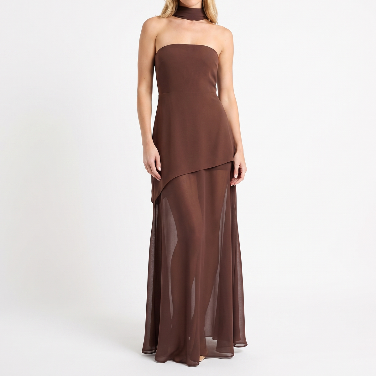 Women's Strapless Maxi Dress Chiffon Overlay Asymmetric Hem Formal