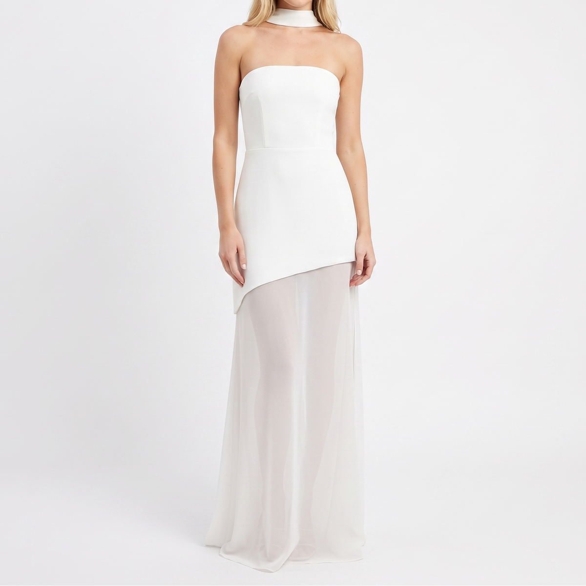 Women's Strapless Maxi Dress Chiffon Overlay Asymmetric Hem Formal