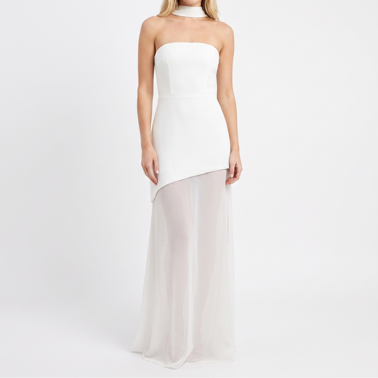 Women's Strapless Maxi Dress Chiffon Overlay Asymmetric Hem Formal