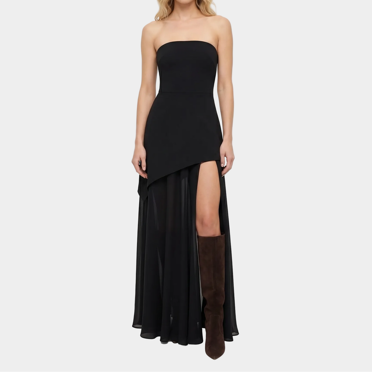 Women's Strapless Maxi Dress Chiffon Overlay Asymmetric Hem Formal