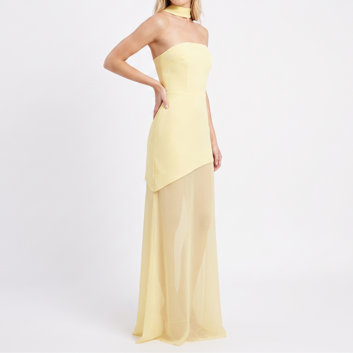 Women's Strapless Maxi Dress Chiffon Overlay Asymmetric Hem Formal