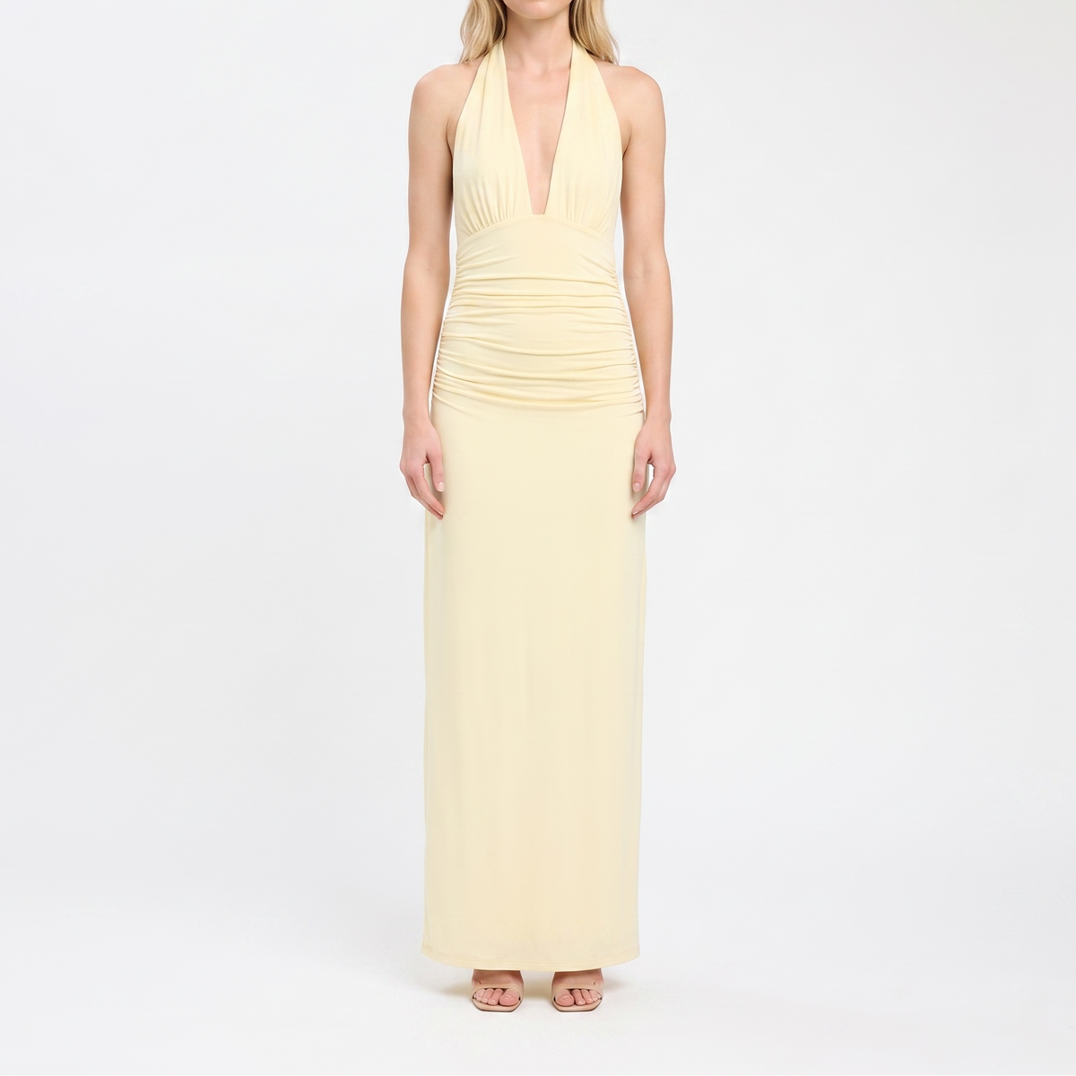 Women's Deep V Halter Neck Maxi Dress Ruched Waist Bodycon