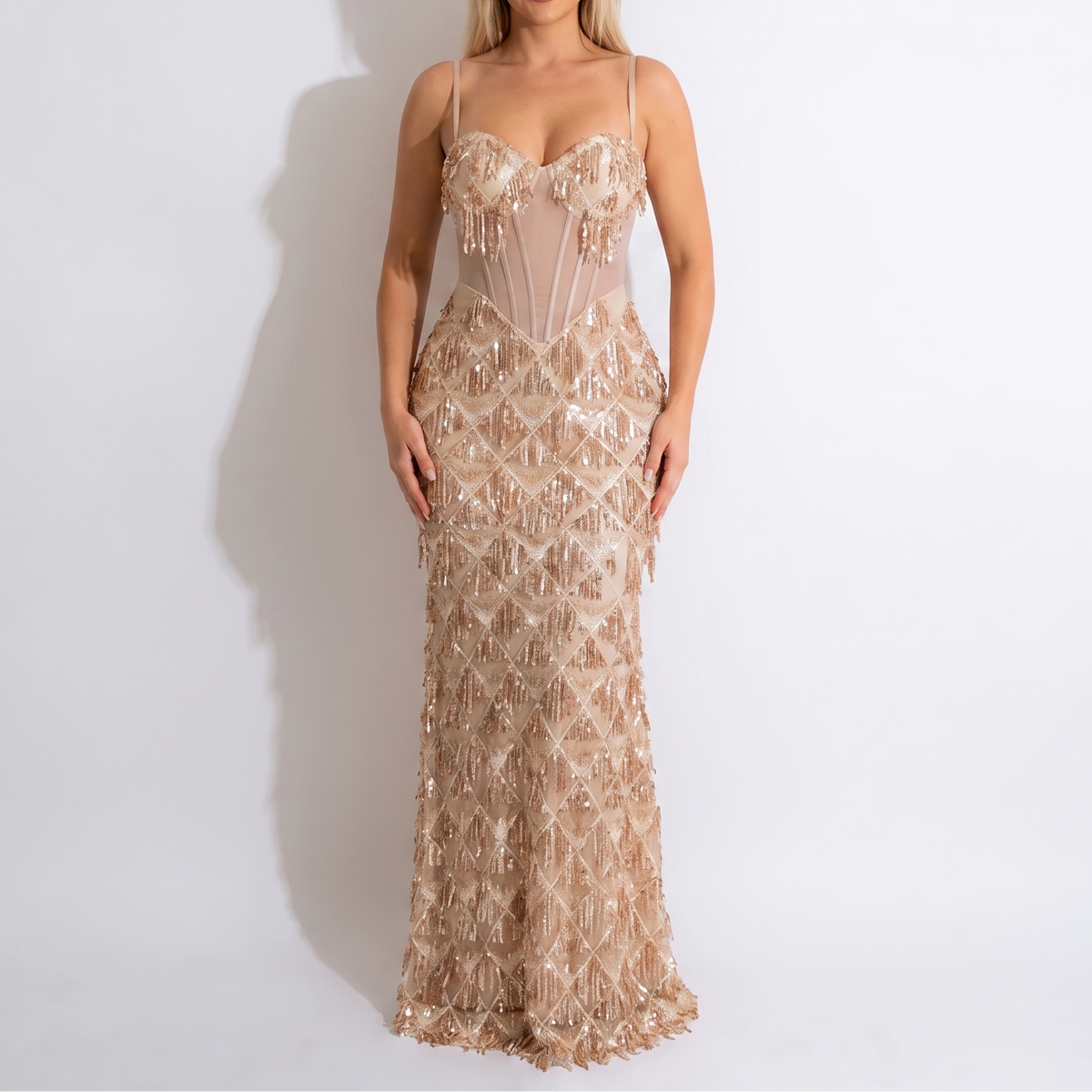 Women's Sequin Fringe Maxi Dress Corset Bodice Mermaid Formal