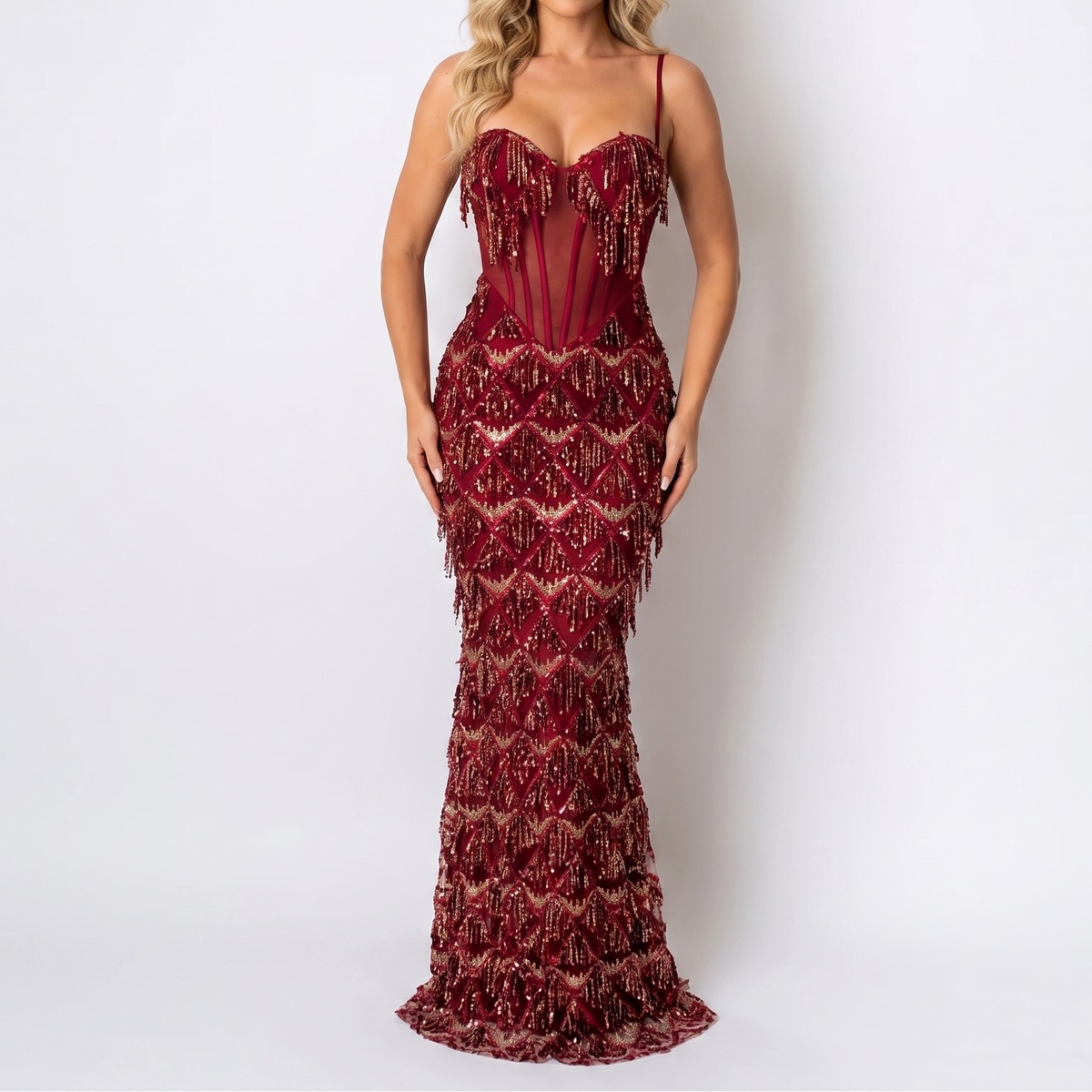 Women's Sequin Fringe Maxi Dress Corset Bodice Mermaid Formal