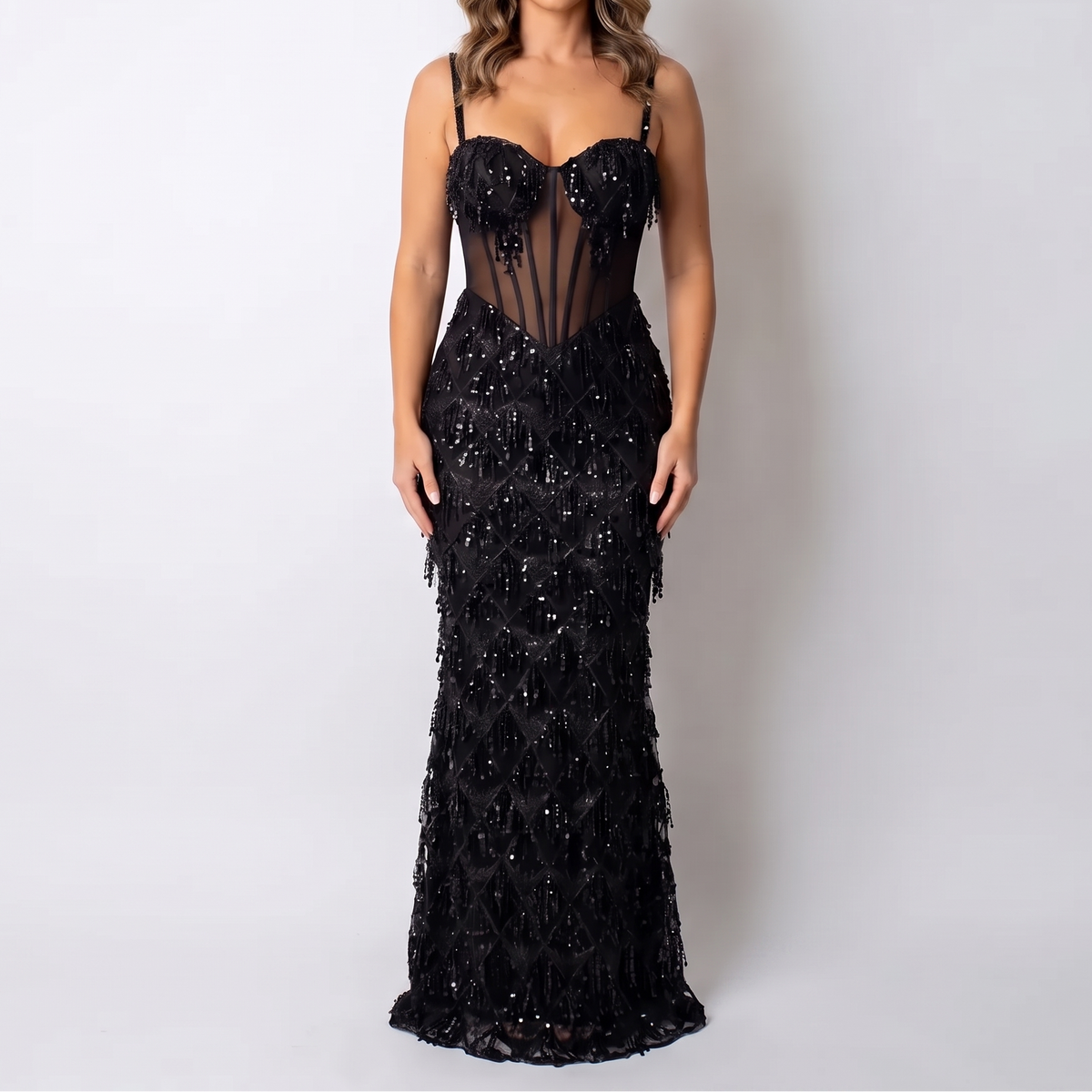 Women's Sequin Fringe Maxi Dress Corset Bodice Mermaid Formal