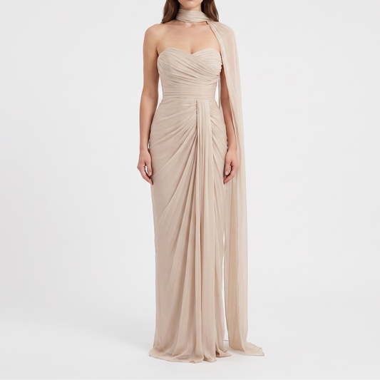 Women's Strapless Maxi Dress Sweetheart Draped Scarf Formal Gown