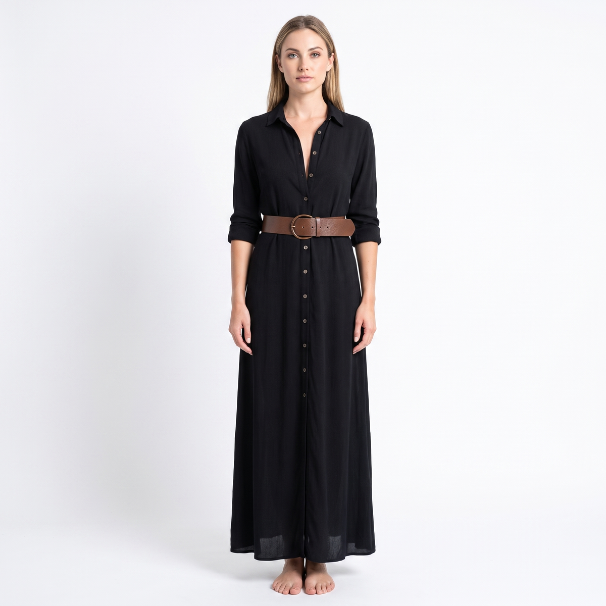 Women's Maxi Shirt Dress Long Sleeve Button Down Ruched High Split