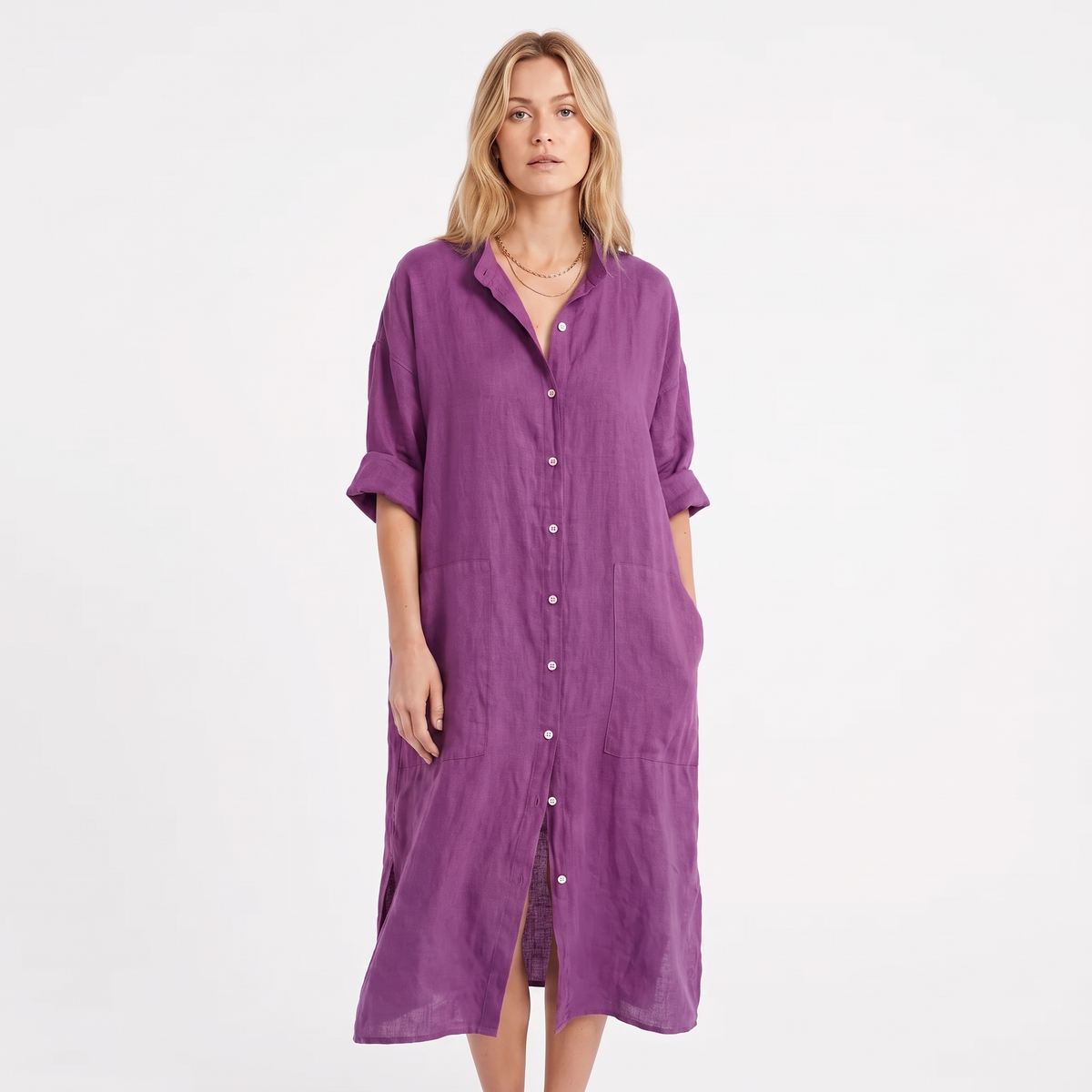 Women's Linen Shirt Dress Button Down Oversized Patch Pocket Midi