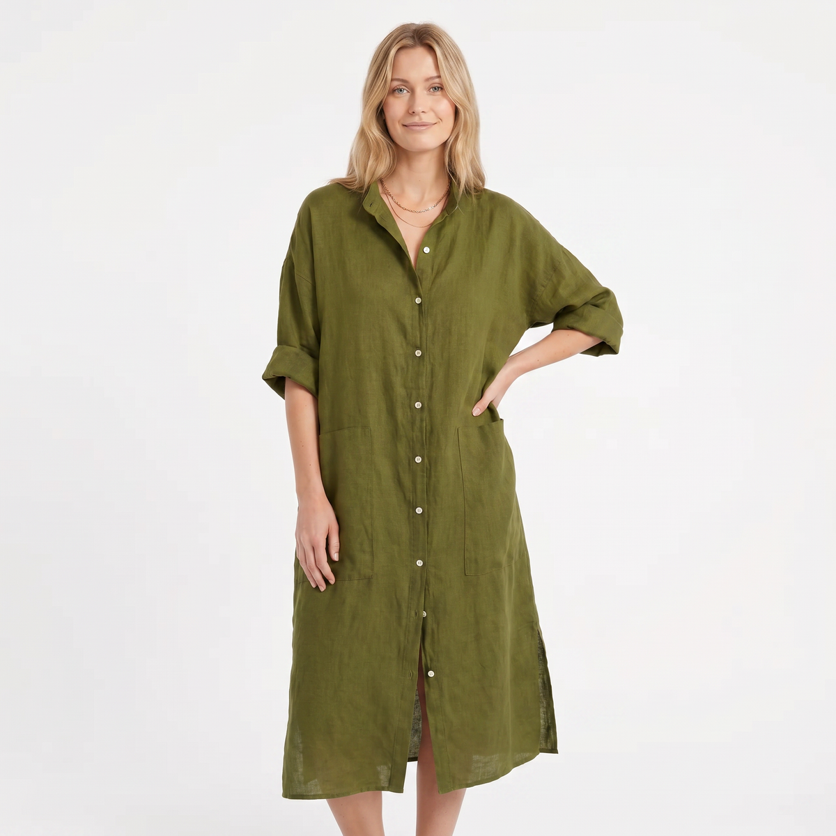 Women's Linen Shirt Dress Button Down Oversized Patch Pocket Midi