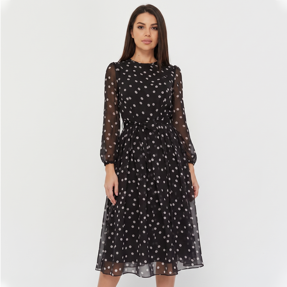 Women's Polka Dot Midi Dress Long Sleeve Chiffon Belted A Line