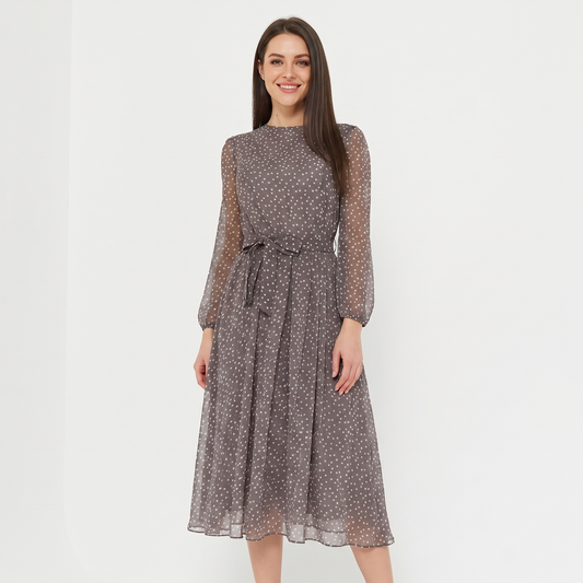 Women's Polka Dot Midi Dress Long Sleeve Chiffon Belted A Line