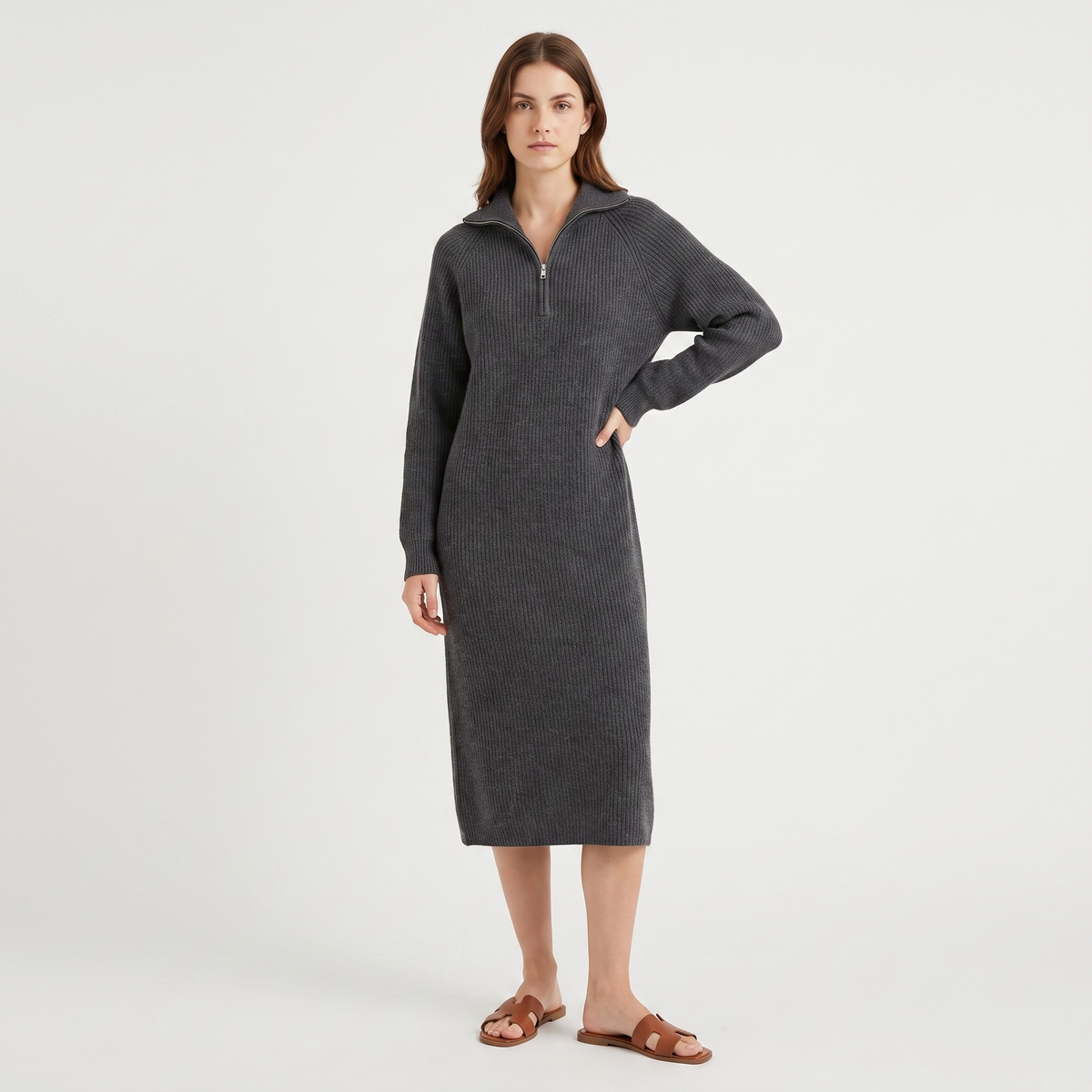 Women's Half Zip Ribbed Knit Midi Dress Long Sleeve Polo Neck Sweater Dress