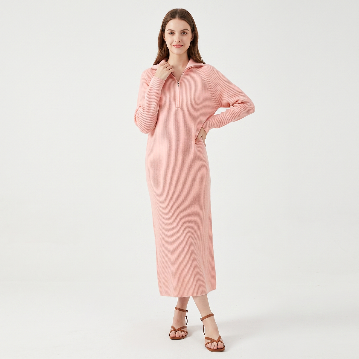 Women's Half Zip Ribbed Knit Midi Dress Long Sleeve Polo Neck Sweater Dress