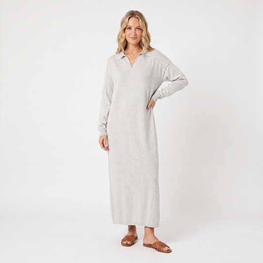 Women's Knit Polo Collar Maxi Dress Long Sleeve Relaxed Fit Sweater Dress