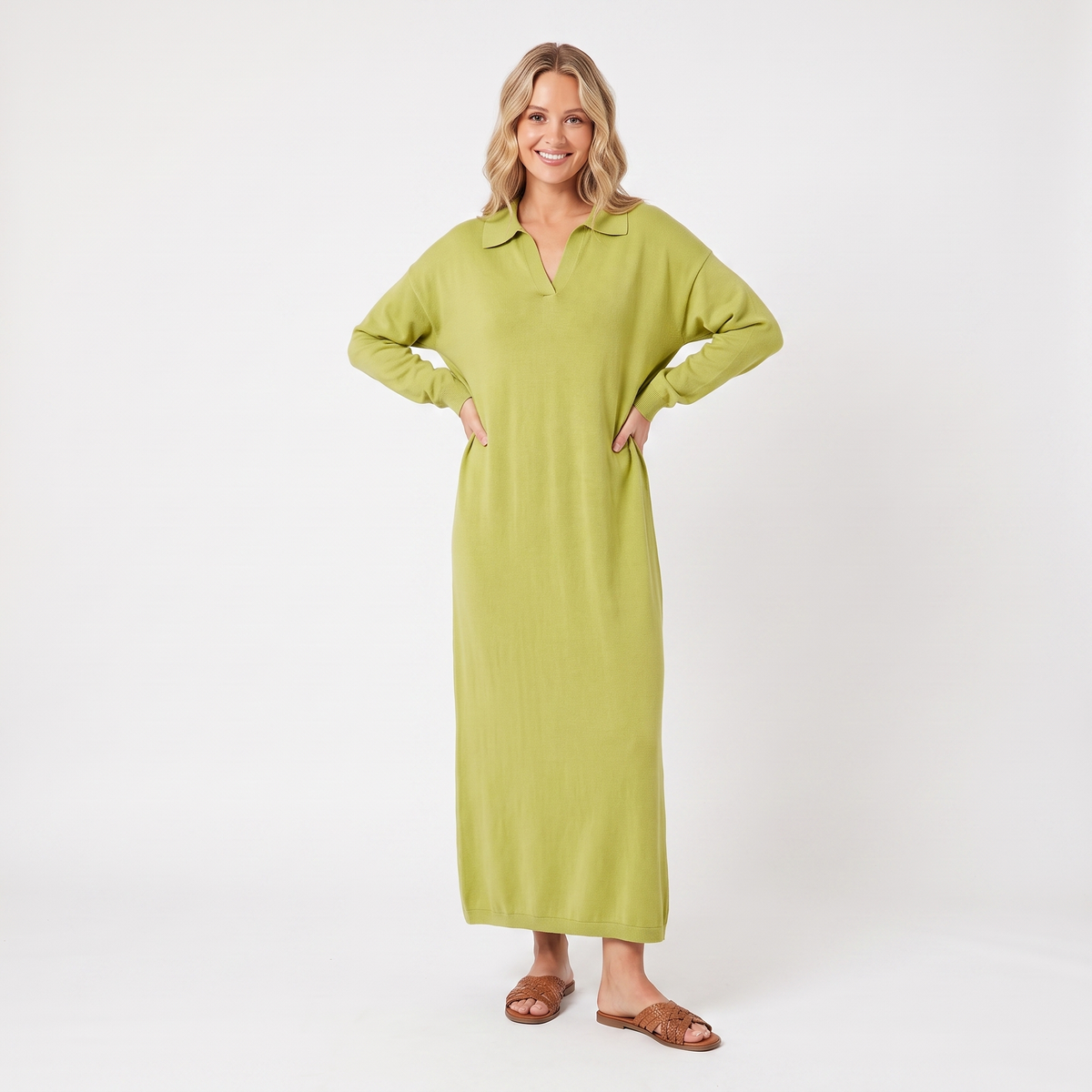 Women's Knit Polo Collar Maxi Dress Long Sleeve Relaxed Fit Sweater Dress