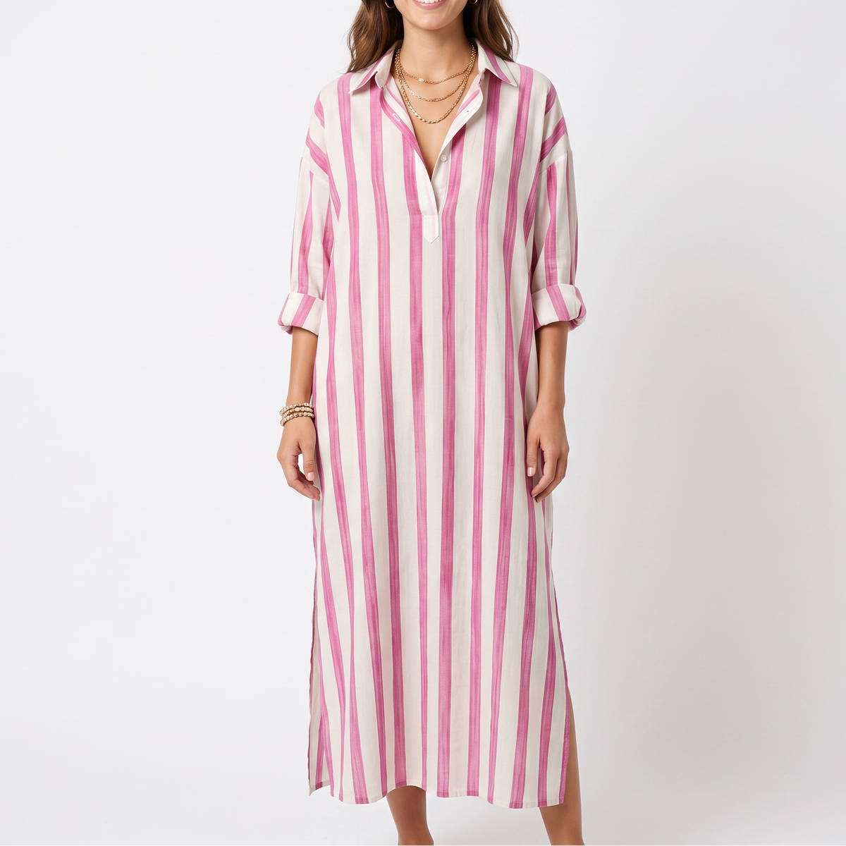 Women's Striped Maxi Shirt Dress Oversized Cotton Beach Cover Up