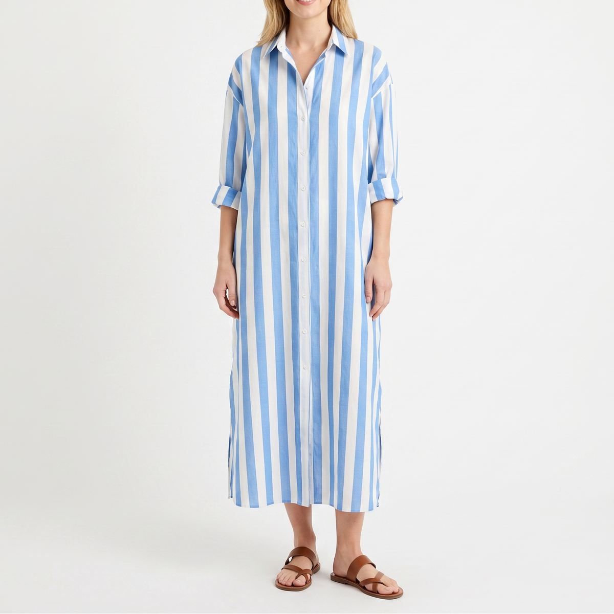 Women's Striped Maxi Shirt Dress Oversized Cotton Beach Cover Up
