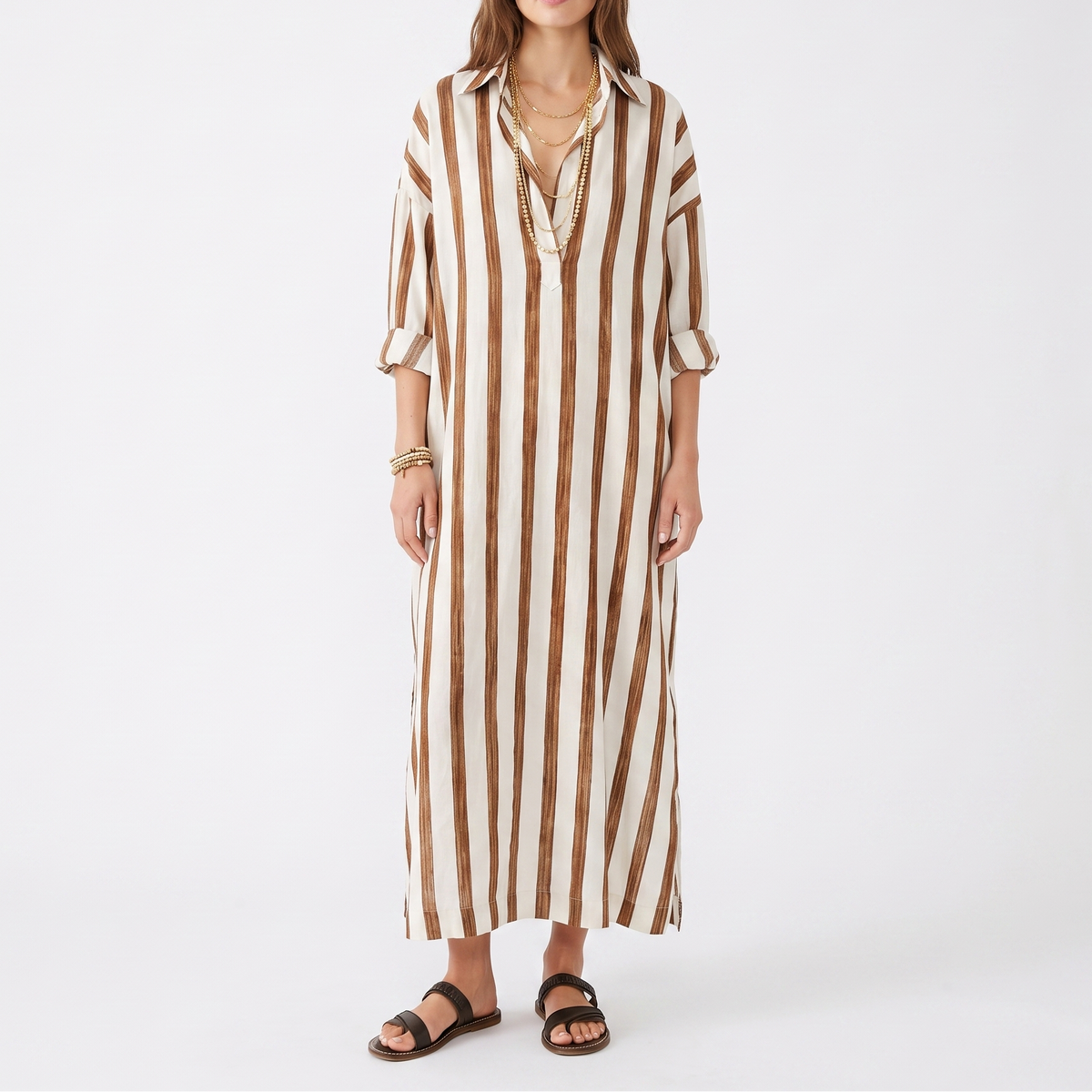Women's Striped Maxi Shirt Dress Oversized Cotton Beach Cover Up