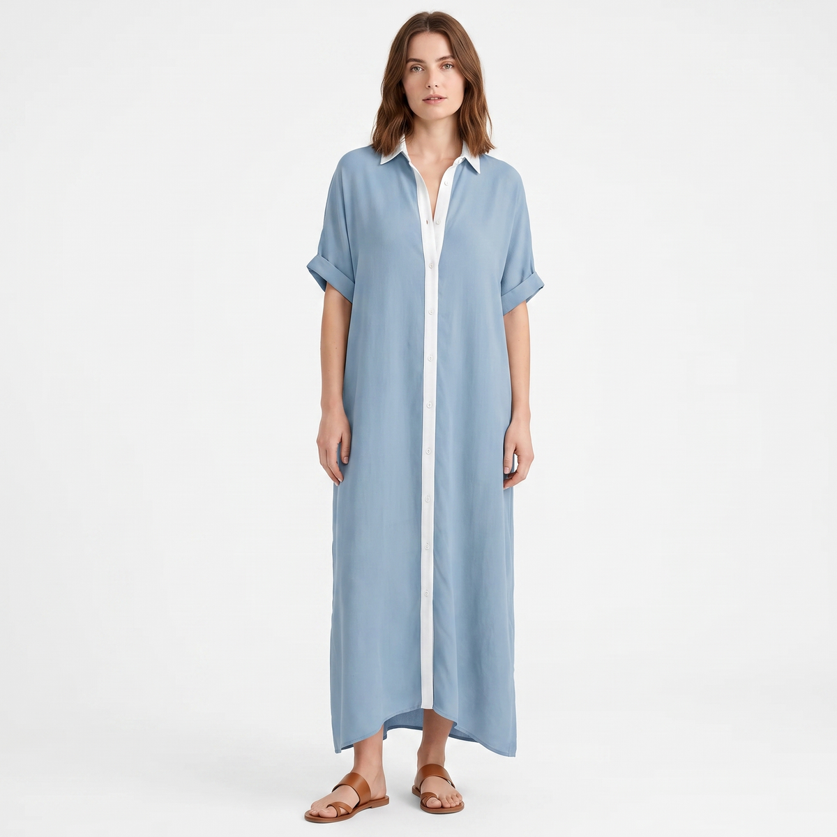 Women's Maxi Shirt Dress Long Sleeve Button Up Contrast Trim Kaftan