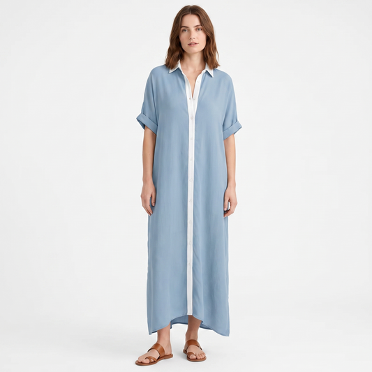 Women's Maxi Shirt Dress Long Sleeve Button Up Contrast Trim Kaftan